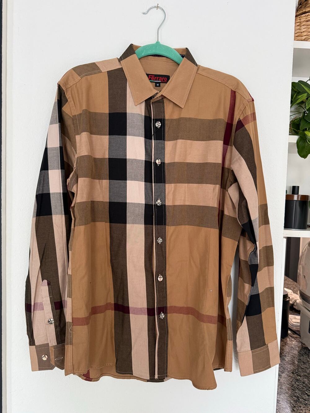 Mens M 100% Cotton Khaki Plaid Button Down Shirt Long Sleeve Check NWT
